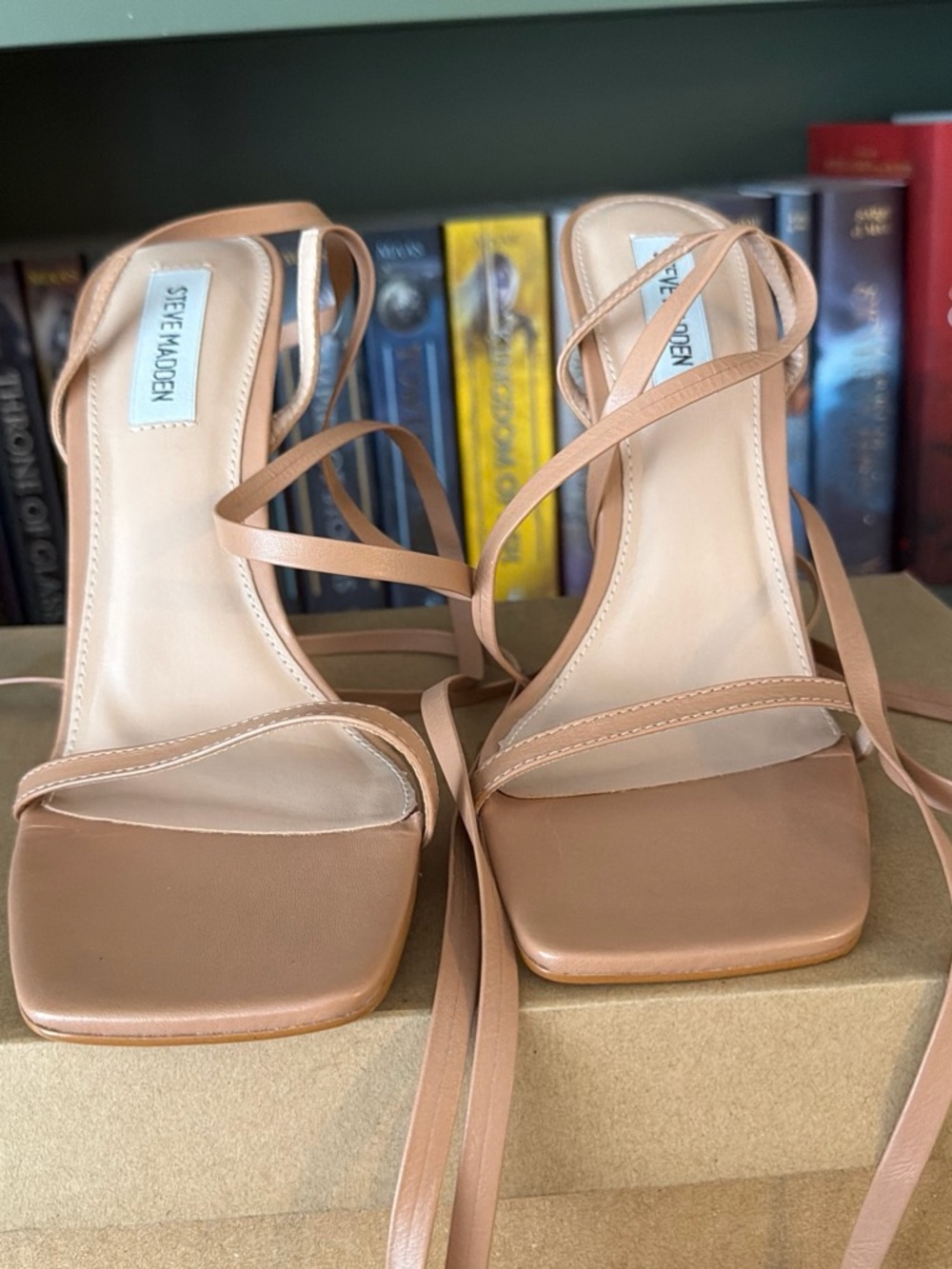Steve Madden Tan Strappy Square-Toe Lace-Up Heels